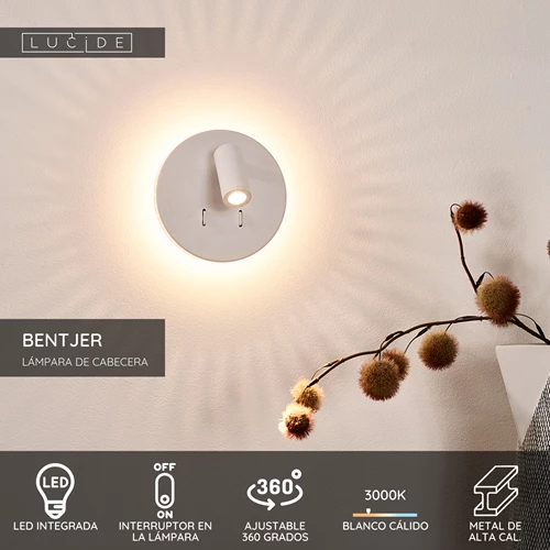 Lucide BENTJER - Lámpara de cabecera / Lámpara de pared - Ø 14 cm - LED - 3000K - Blanco - USP